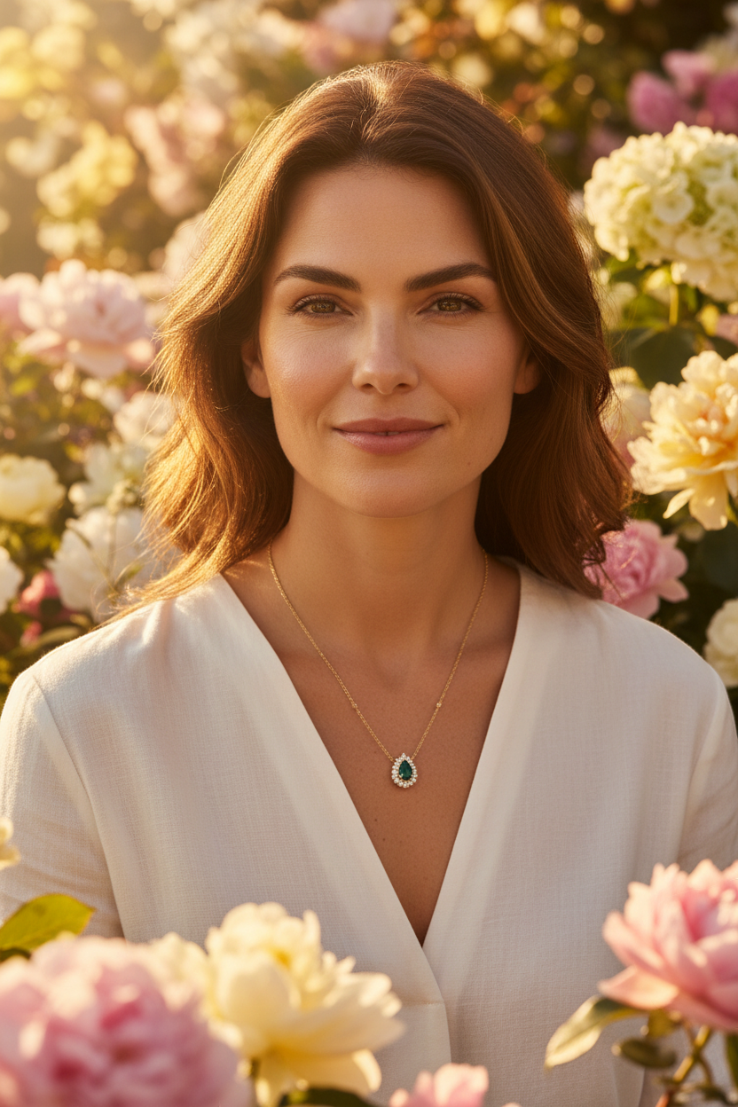 Model wearing the pear-shaped green CZ halo pendant necklace in a sunlit garden setting
