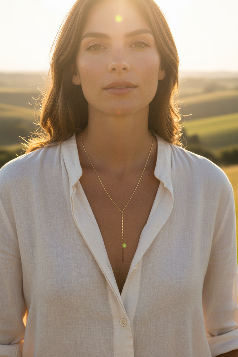 Model wearing the lariat chain necklace in a sunlit countryside scene